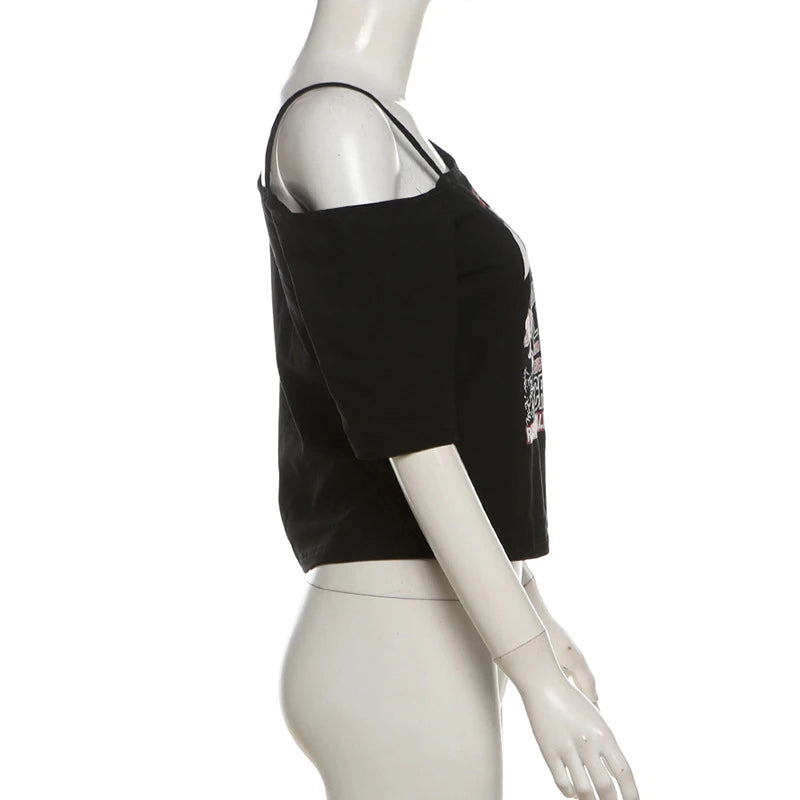 Gothic Tee Y2k Letter Print Off Shoulder Punk T-shirts Women Harajuku Summer Streetwear Grunge T Shirt Aesthetic Sexy Crop Tops