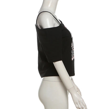 Gothic Tee Y2k Letter Print Off Shoulder Punk T-shirts Women Harajuku Summer Streetwear Grunge T Shirt Aesthetic Sexy Crop Tops