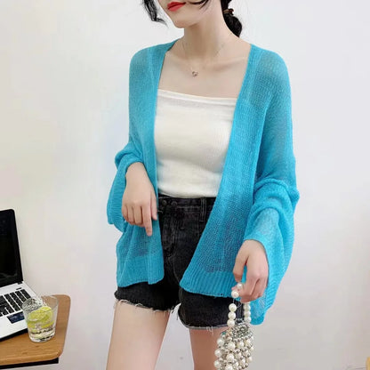 Knitted Cardigan for Women Summer Oversized Knit Loose Coat Sweater Korean Top Solid Cropped Cardigan Y2k Sweater Beach Blouses