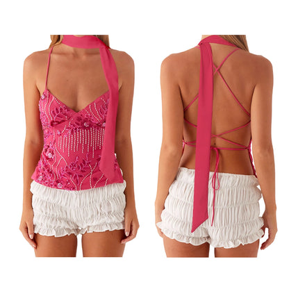 Combhasaki Women Summer Sleeveless Beading Camis Top V-neck Tie-up Cross Backless Pearl Glitter Sequin Flower Embroideried Vest Rosy with Scarf