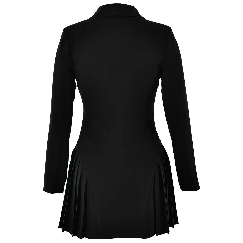 2025 Autumn New Fashion V-Neck Short Dress Women Elegant Temperament Office Lady Blazer Dress Sexy Slim Pleated Black Dresses