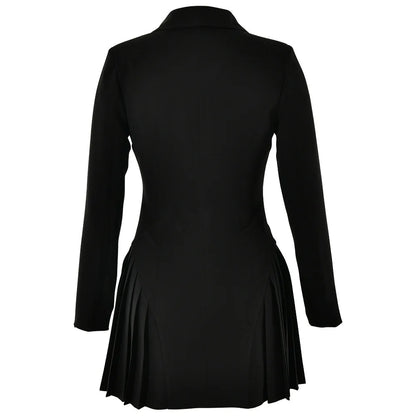 2025 Autumn New Fashion V-Neck Short Dress Women Elegant Temperament Office Lady Blazer Dress Sexy Slim Pleated Black Dresses