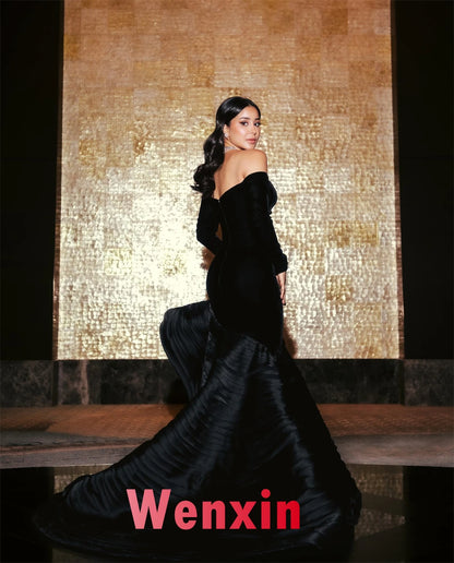 Customized Luxury Black Evening Dresses Graceful Strapless Long Sleeves Celebrity Gowns Exquisite Special Occasion Gowns Badiee Stylez