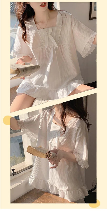Palace Style Pajamas Ladies Summer Loungewear Set Short-Sleeved with Cushion Korean Small Sweet Girlfriends Loungewear Set