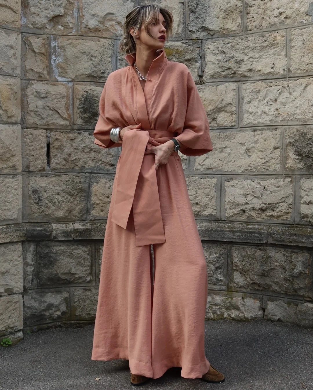 Linen Lace Up Women's Jumpsuit High V-neck Full Sleeve Top Loose Straight-leg Pants 2025 Summer Chic Female Casual Streetwear Orange