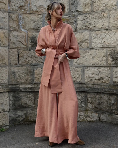 Linen Lace Up Women's Jumpsuit High V-neck Full Sleeve Top Loose Straight-leg Pants 2025 Summer Chic Female Casual Streetwear Orange