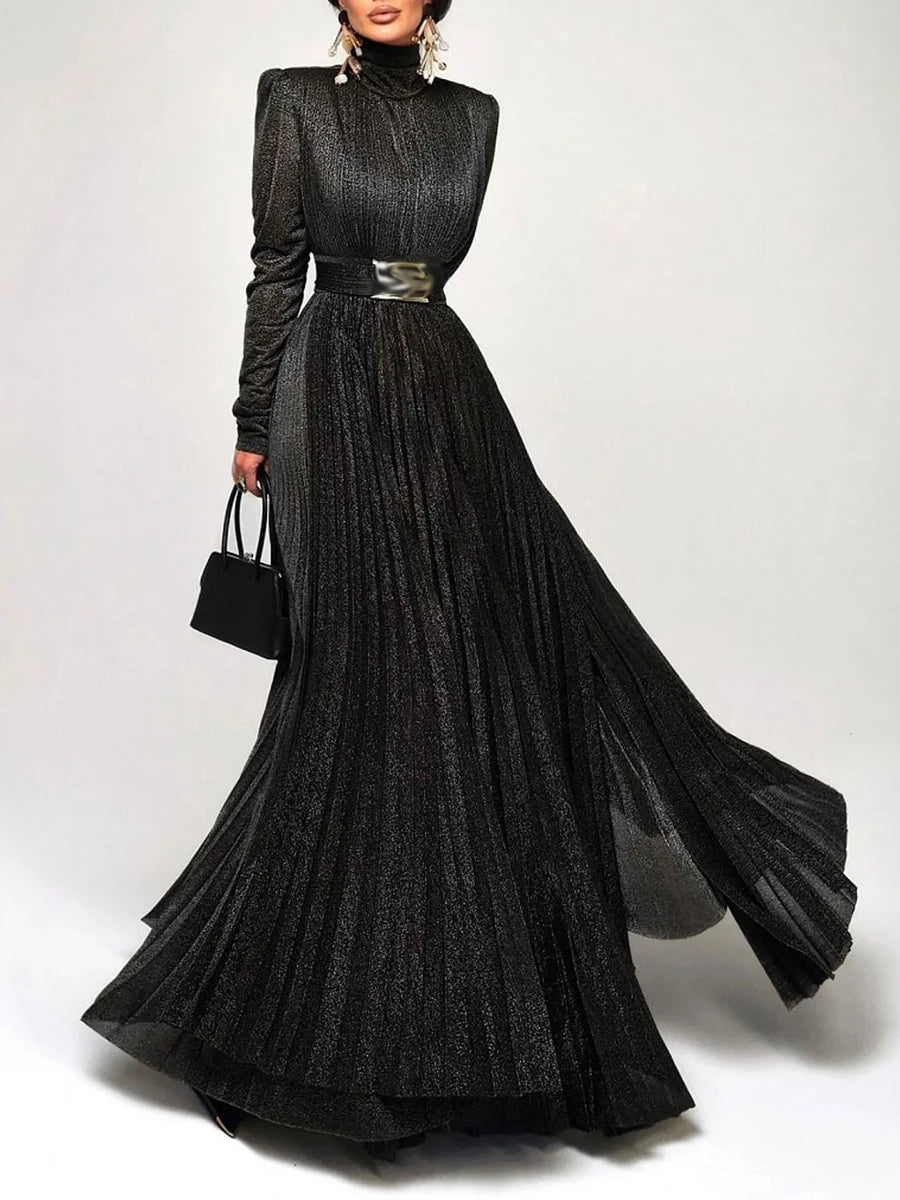 TWOTWINSTYLE Solid Spliced Belt Slimming Dresses For Women O Neck Long Sleeve High Waist Temperament Long Dress Female Clothes