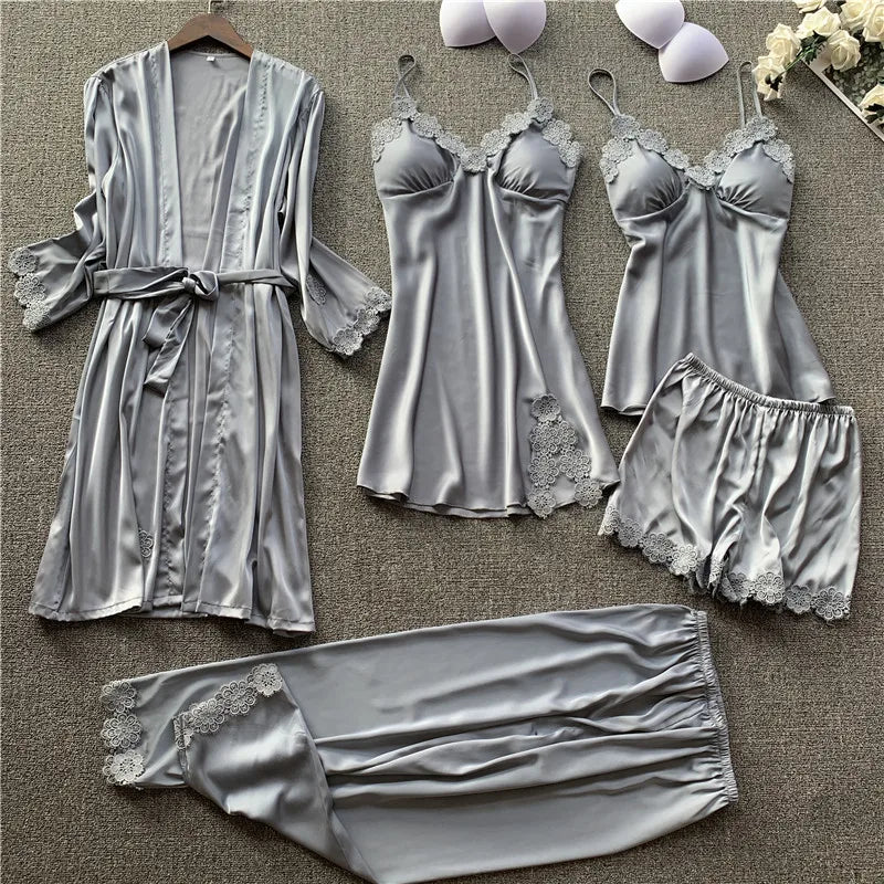 Pajamas Five Piece Set Sexy Lace Trim Nightgown Nightwear Spring Summer Women Bath Robe Loose Silk Satin Home Wear Pijamas Suit