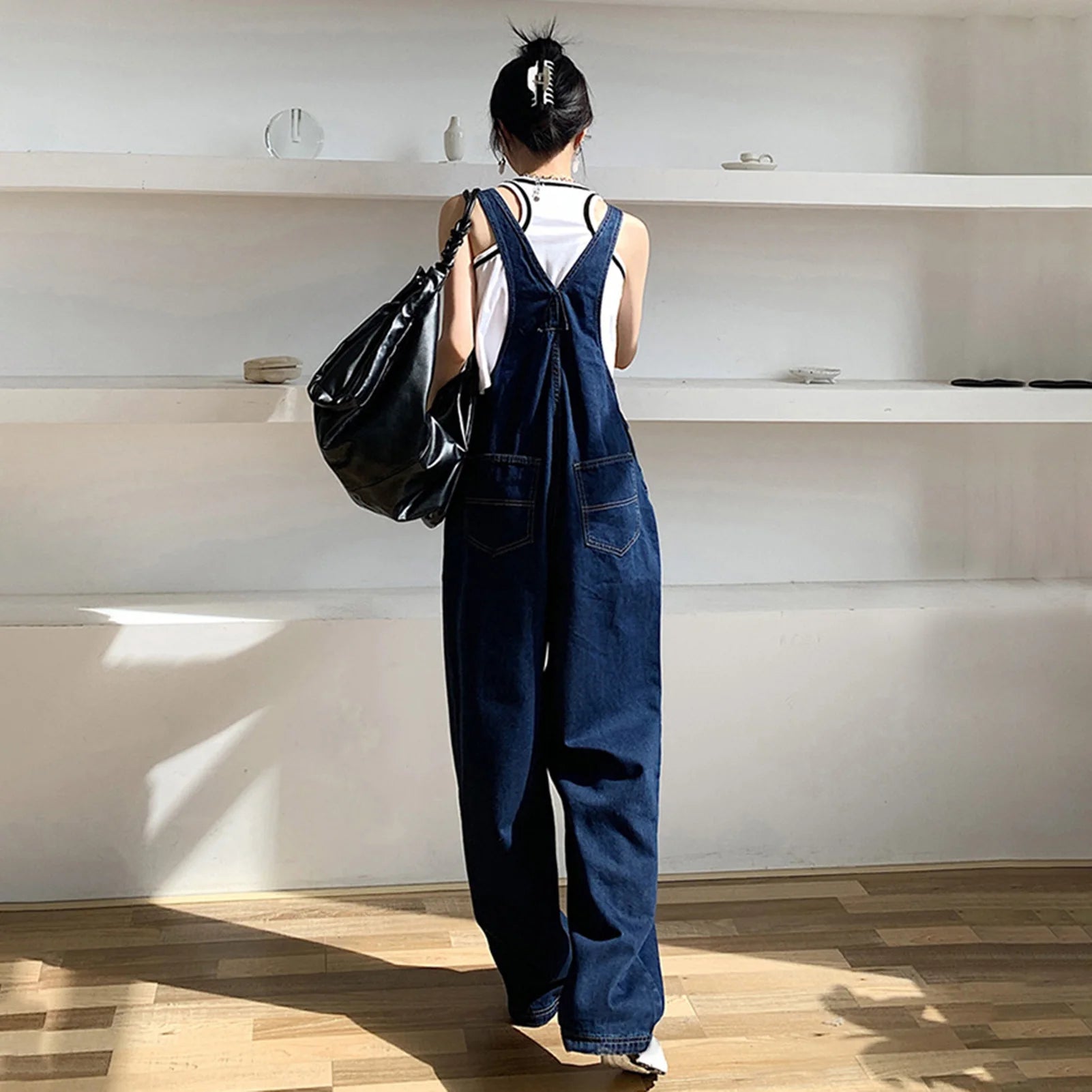 Denim Jumpsuit Summer Women Vintage Preppy Style Pockets Loose Fit High Waist Wide Leg Overalls Streetwear Straight Jeans