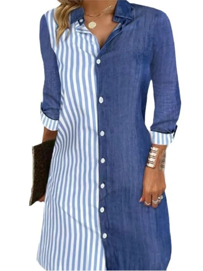 Fashion Striped Colorblock Button Dresses Women's Shirts Casual Turn-Down Collar Long Sleeve Dress Spring Summer Women Clothes