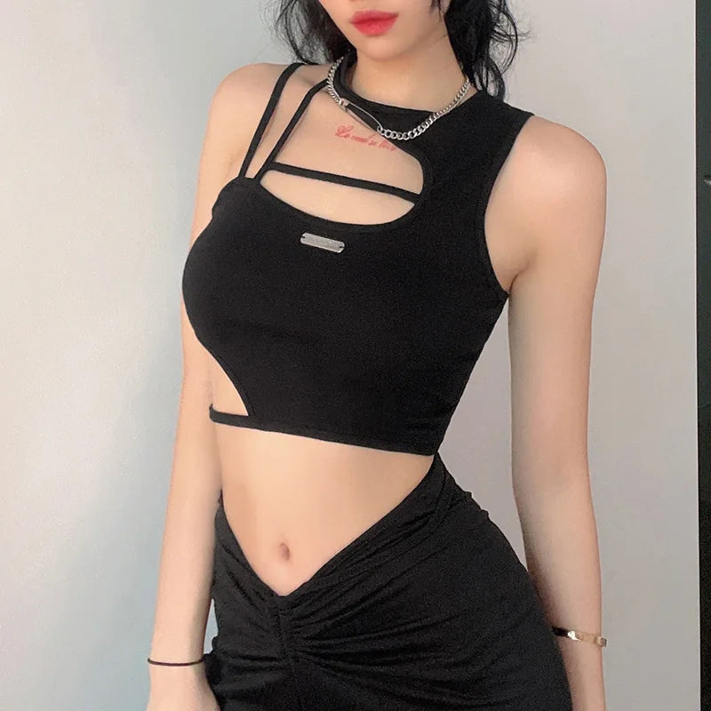 Women Hollow Out Black Y2K Tees Sleeveless Skinny Tops Cool Punk T-shirts Techwear 2023 Spring Summer New Sexy Crop Top