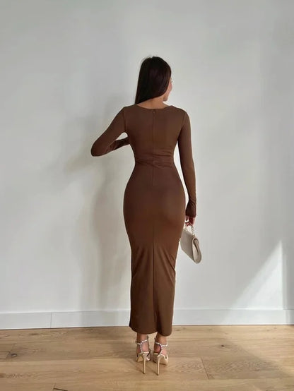 Sexy Bodycon Long Sleeve Midi Dress Women 2024 Autumn Slim Solid Party Package Hip Elegant Dresses For Women Robe Femme