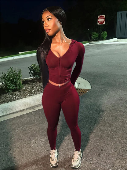 Nibber Sporty Casual 2 Piece Set Women Tracksuit Hooded Zip Crop Tops+Leggings Fitness Soft Stretch Streetwear Activity Suit Red