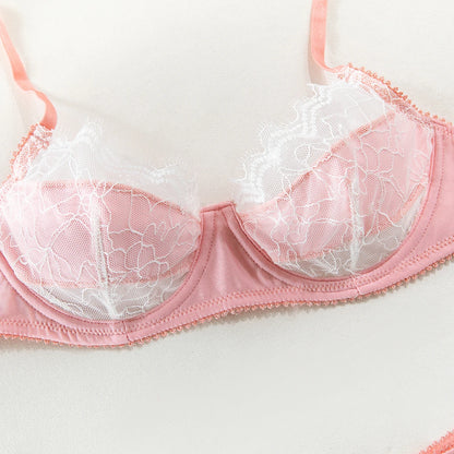 French Satin Lace Bra And Thong Set Sexy Ultrathint Lace Patchwork Lingerie Two Picec Sets Fancy Erotic Intimate Underwear Suit