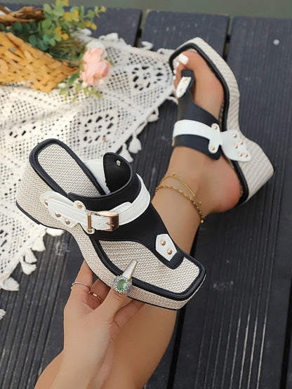 2025 plus-size fashionable summer new height-increasing thick-heeled metal buckle slippers with a one-shoulder beach flip-flops black