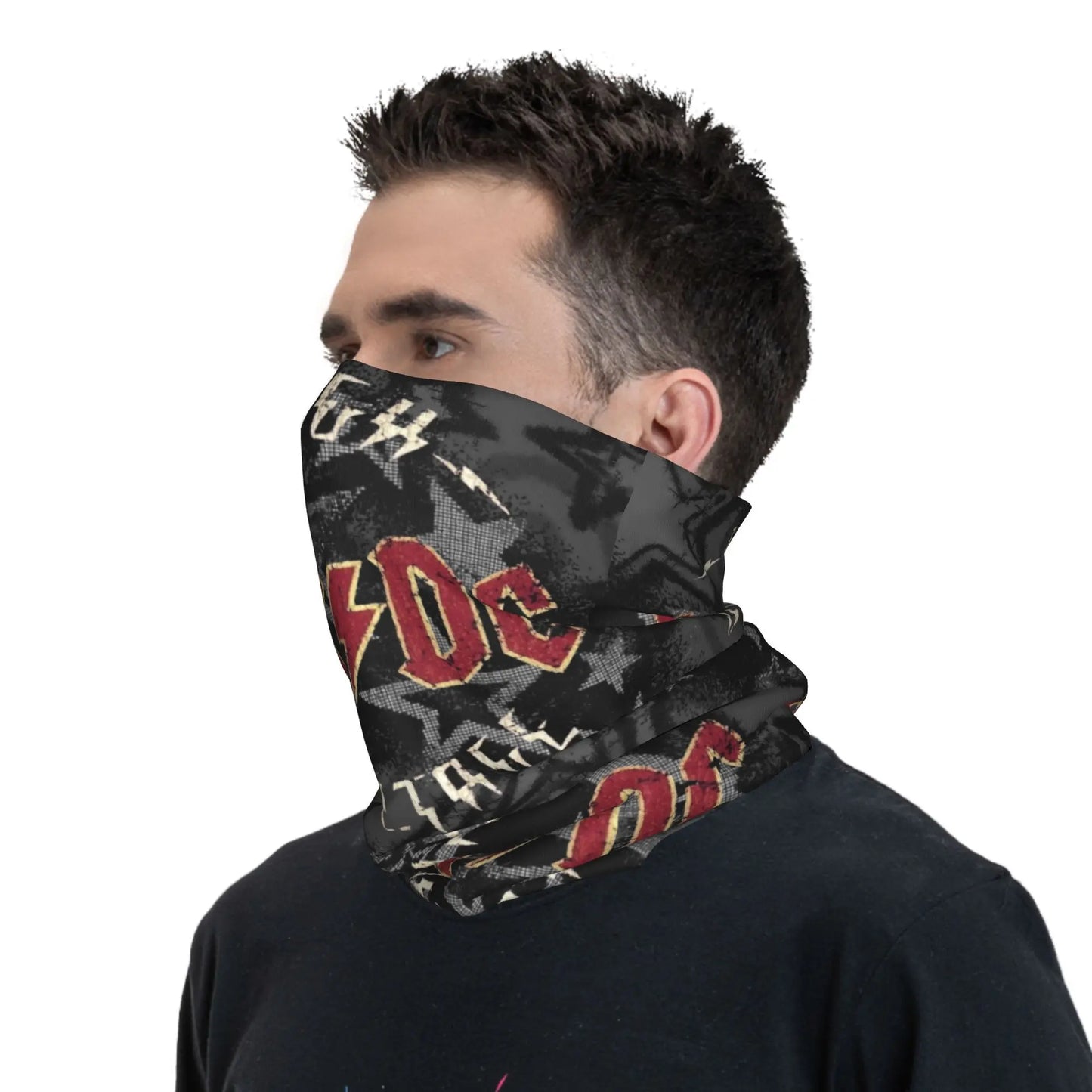 Custom Black AC DC Logo Camouflage Heavy Metal Band Bandana Neck Warmer Women Men Winter Hiking Ski Scarf Gaiter Face Cover