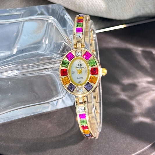 Color zircon advanced sense diamond set women's watch niche bracelet bracelet Small exquisite quartz watch cross-border hot sale Gold