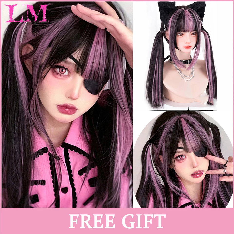LM Long Silky Straight Synthetic Wigs with Bangs Black Cosplay Party Lolita Hair Wigs for Women Natural Heat Resistant Wig LIANGMO 3