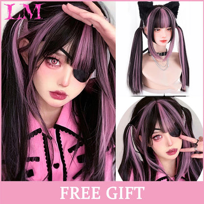 LM Long Silky Straight Synthetic Wigs with Bangs Black Cosplay Party Lolita Hair Wigs for Women Natural Heat Resistant Wig LIANGMO 3