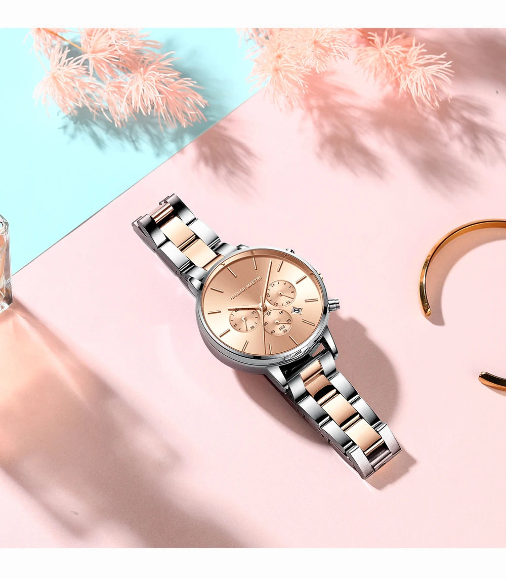 HANNAH MARTIN Brand Women Multifunctional Watch Original Stainless Steel Rose Gold 36mm Quartz Movement Casual Banquet Wristatch