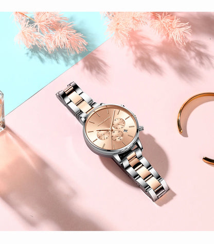 HANNAH MARTIN Brand Women Multifunctional Watch Original Stainless Steel Rose Gold 36mm Quartz Movement Casual Banquet Wristatch