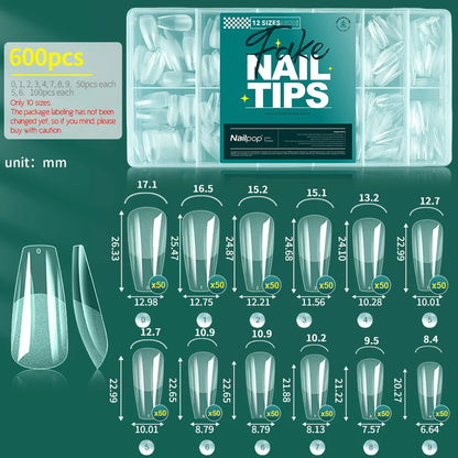 Nailpop 600PCS Soft Gel X Nail Tips Full Cover Coffin Stiletto Fake Nails Extra Short Almond Square Soak Off Gel False Nail Tips M-Coffin-600