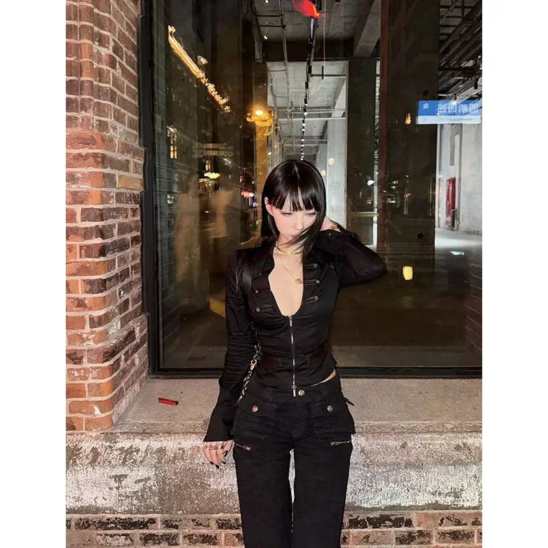 Deeptown Y2k Black Sexy Shirts Women V Neck Coquette Harajuku American Vintage Zip Up Blouse Slim Gyaru Cardigan Streetwear