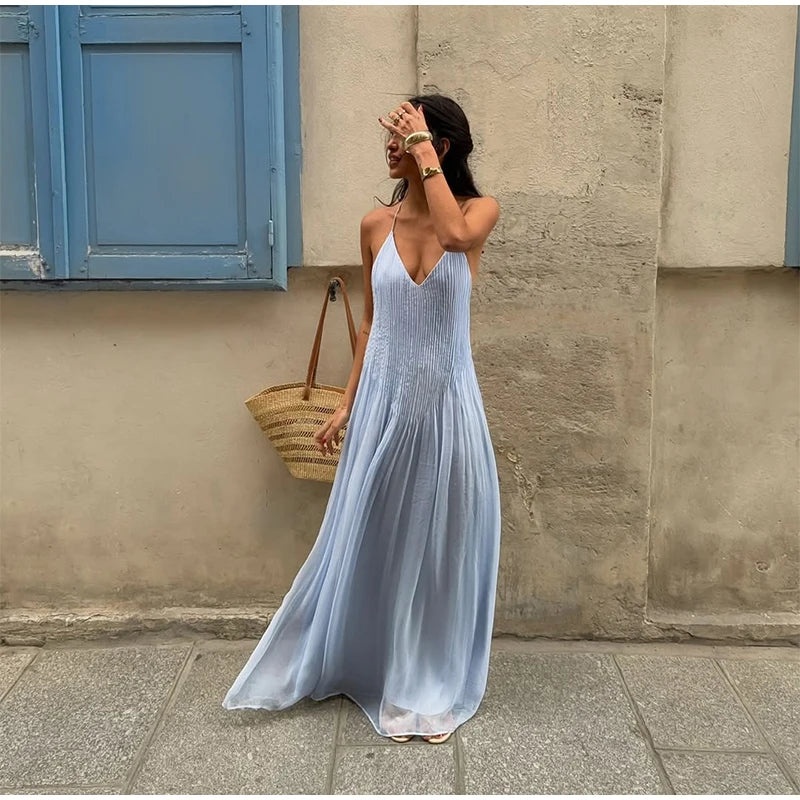 Fashion Solid Pleated Jumpsuit Women Chic Sleeveless U Neck Backless Loose Vacation Pants Set 2025 Summer Holiday Street Outfit