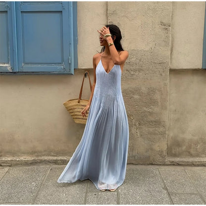Fashion Solid Pleated Jumpsuit Women Chic Sleeveless U Neck Backless Loose Vacation Pants Set 2025 Summer Holiday Street Outfit