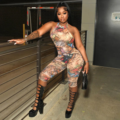 CUTENOVA Women'S Full-Body Printed Hanging Neck Big Backless Skinny Five-Point Jumpsuit Sexy Fashion Street Trend Jumpsuit