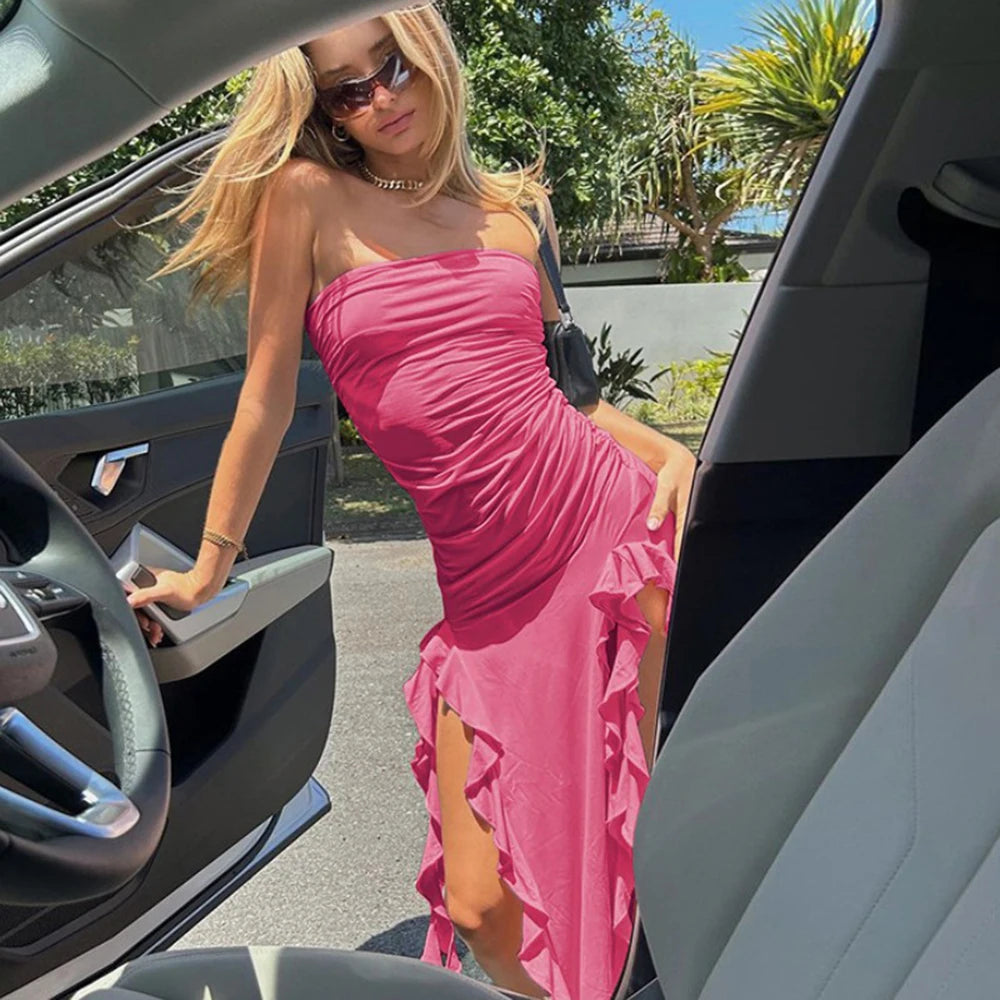 WonMiracle Elegant Strapless Dress Women Irregular Tassel 2024 Summer Trend Skinny Split Maxi Bodycon Party Dress For Women