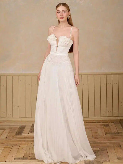 DEAT Elegant Dress Hollow Out Backless Camisole Pleated Flower High Waist Women's Party Dresses 2025 Autumn New Fashion 13DB5083 Badiee Stylez