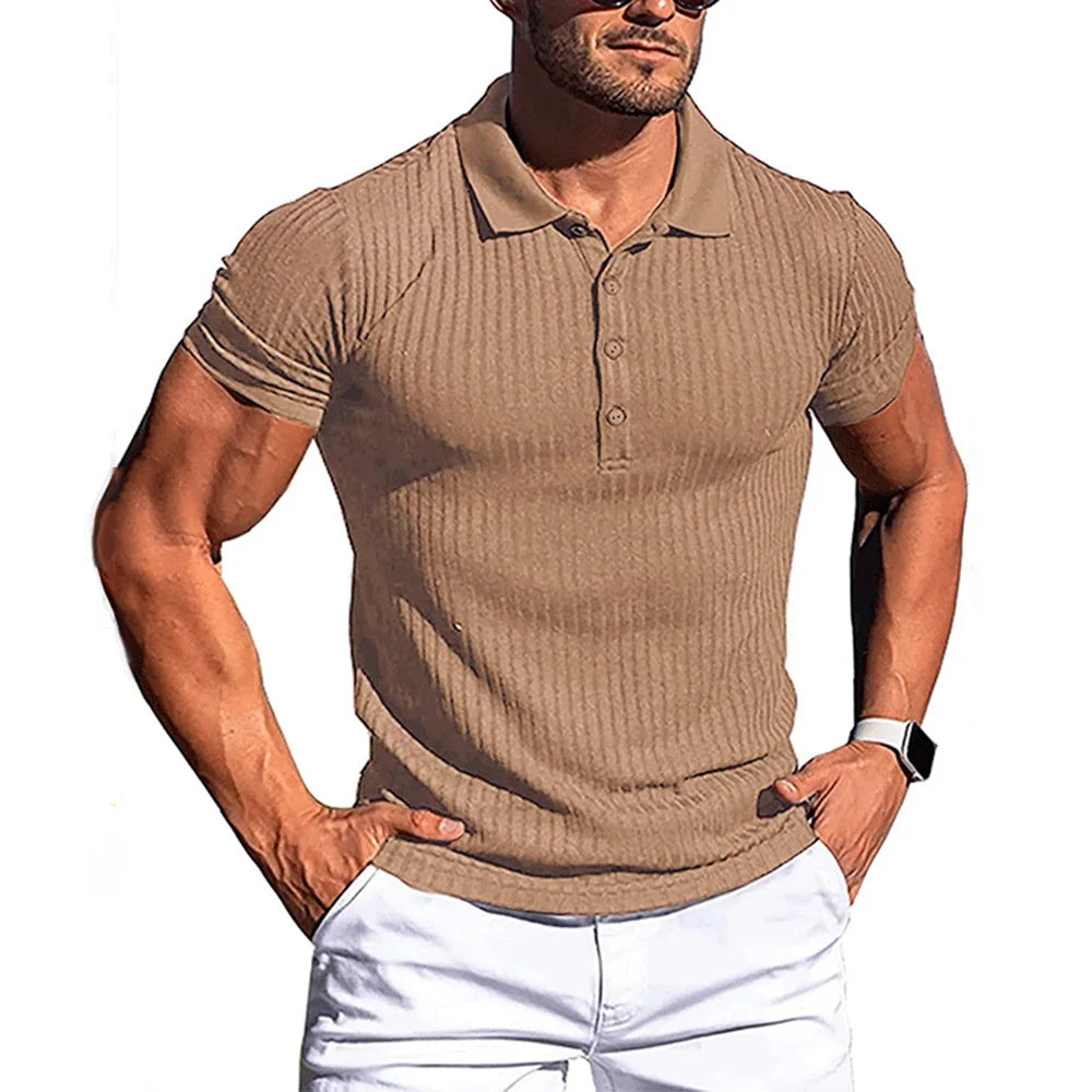 Brand Name Stylish Summer Polo - Men's Elastic Short Sleeve with Bold Stripes and Stand Collar