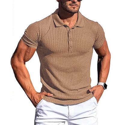 Brand Name Stylish Summer Polo - Men's Elastic Short Sleeve with Bold Stripes and Stand Collar