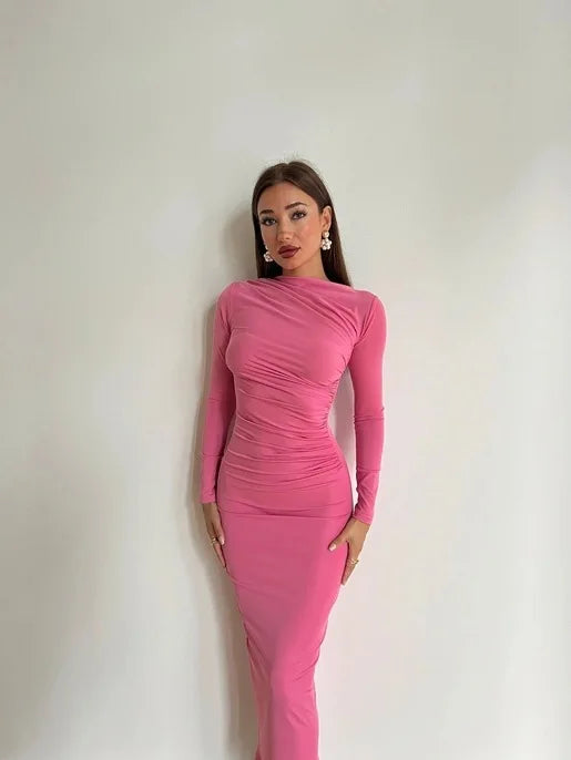 Sexy Bodycon Long Sleeve Midi Dress Women 2024 Autumn Slim Solid Party Package Hip Elegant Dresses For Women Robe Femme
