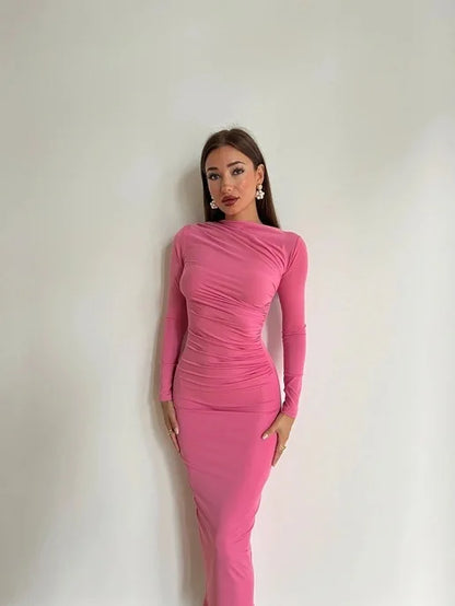 Sexy Bodycon Long Sleeve Midi Dress Women 2024 Autumn Slim Solid Party Package Hip Elegant Dresses For Women Robe Femme