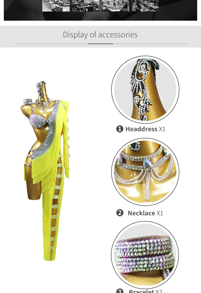 Womens Latin Dance Dress Midi Stage Clothes Elegant Prom Line Tassel Costume Girl Sport Suit Samba Party Practice Wear Customize Badiee Stylez