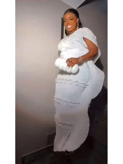 EGRM Miyake Solid Pleated French Three-dimensional Fungus Edge Cake Dress Women's Loose Long Dresses 2025 Summer New 6R8109 WHITE One Size