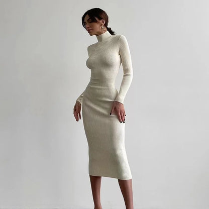 2024 New Autumn Knitted Turtleneck Dress Women Long Sleeve Bodycon Midi Dresses Female Elegant Fashion Solid Color Skinny Dress