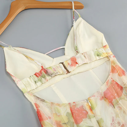 Summer New 2024 Women Sexy V Neck Backless Flower Chiffon Maxi Gowns Dress Split Celebrity Cut Out Beach Maxi Dress