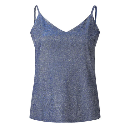 Women’s Solid Color V-Neck Tank Tops Ladies Glitter Strappy Sexy Cami Swing Vest Clubwear Fashion Canottiera Donna Estiva