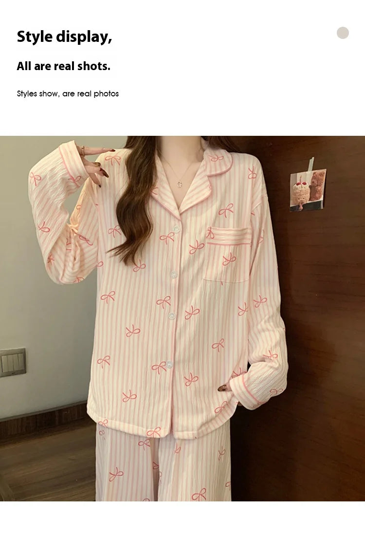 New Women's Spring and Fall Pajamas Homewear Set Wrinkled Cloth Sweet Girl Students Long-Sleeved Casual Pajamas Homewear Set