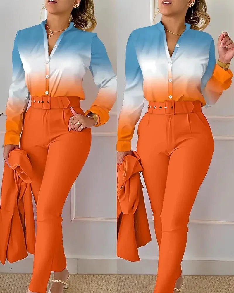Elegant Women Printed Two Piece Suit Sets Spring Autumn V Neck Long Sleeve Shirt Top & Long Pants Set With Belt Workwear Outfits