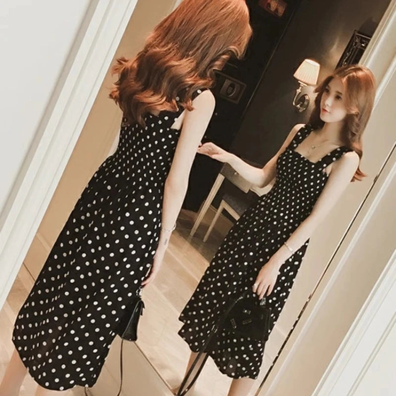 Women Summer Sleeveless Dot Dress Sexy Backless A-Line Spaghetti Strap Beach Style Dresses Camisole Off-Shoulder Folds Vestidos Badiee Stylez