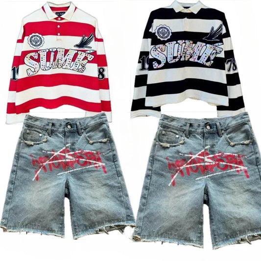 Couple summer washing fashion rhinestone striped two-piece set of denim shorts original color casual printing five-point pants