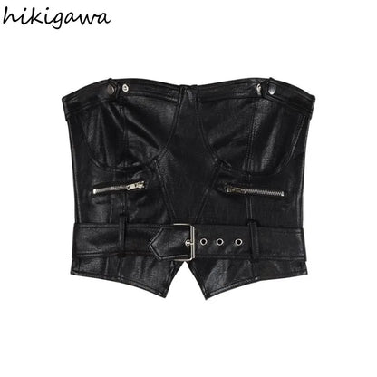 Crop Tops Sexy PU Y2k Tanks Women Clothing Fashion Summer Camis 2025 Ropa Mujer Slim Waist Irregular Backless Harajuku Vest