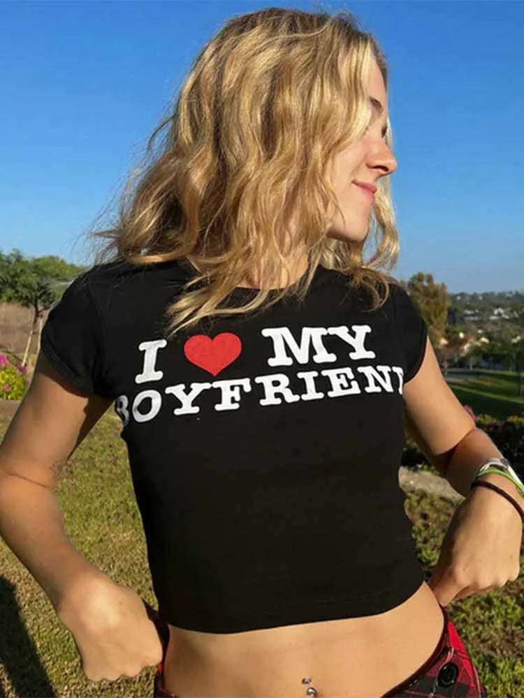 I LOVE MY BOYFRIEND Summer Fashion Girls Cotton Crop Tee Short Short Sleeve Women T-Shirt black