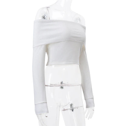 Candyhot Solid Elegant Off Shoulder Ribbed Crop Tops Autumn Fashion Casual Skinny Long Sleeve Camis Gentle Y2K Tight T-shirts