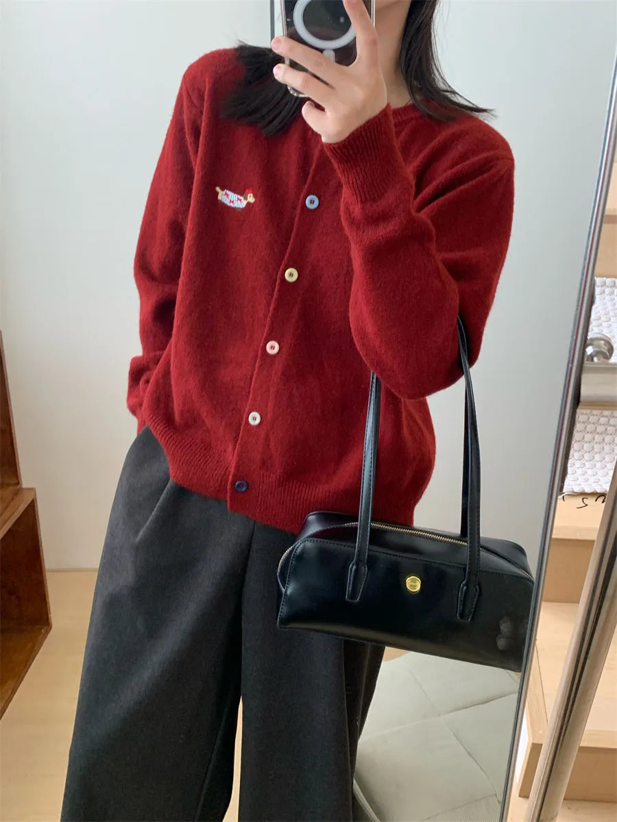 Women Knitwear Chic Embroidery Loose Casual Cardigan Autumn Winter Soft Elegant O-neck Sweaters Commute Basic Knitted Tops