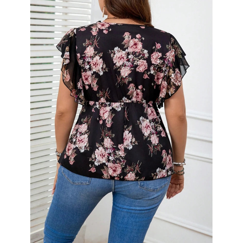 Plus Size Floral Printed Women’s Shirt Blouse Elegant Ruffle Sleeveless Lace-up V-Neck Female Summer Top Casual Vacation Blouses